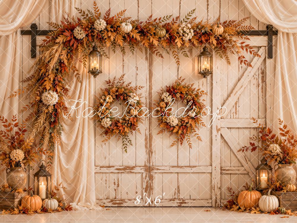 Kate Fall Floral Rustic Barn Door Pumpkins White Drapes Printed Backdrop Designed by Emetselch