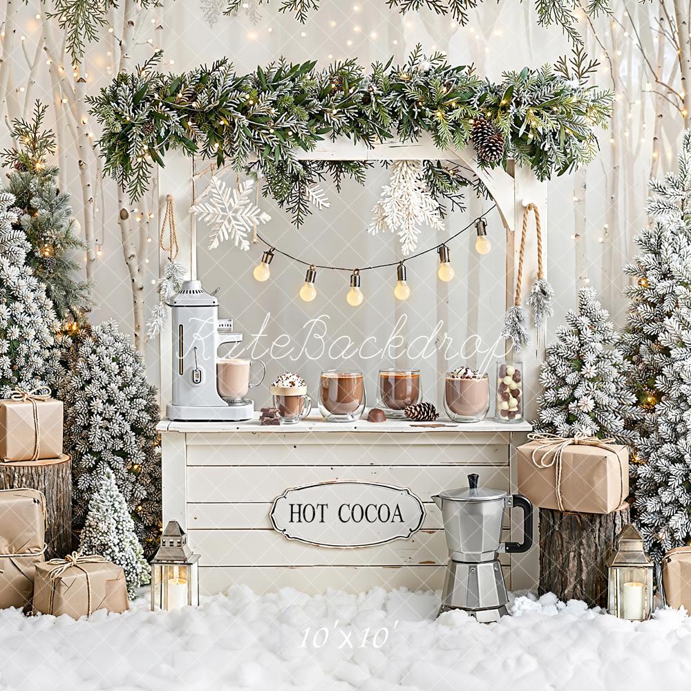 Kate Christmas Hot Cocoa Stand Snowy Trees Gifts Rustic Backdrop Designed by Emetselch