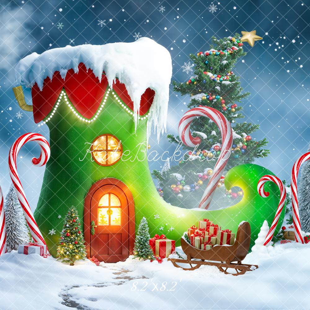 Kate Christmas Elf Shoe House Candy Cane Snowy Trees Backdrop Designed by Emetselch