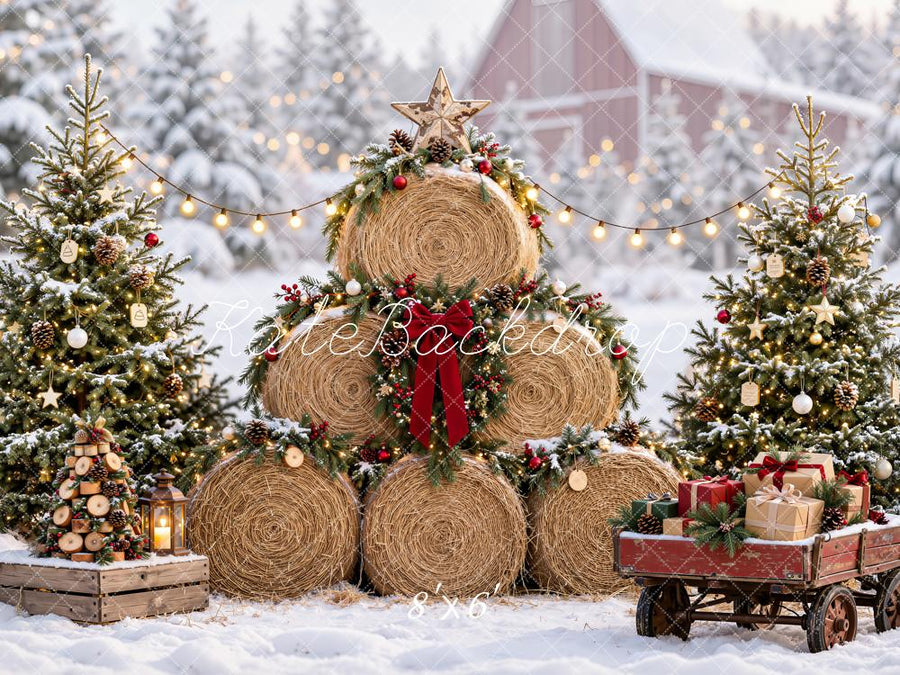 Kate Christmas Hay Bale Tree Snowy Gift Wagon String Lights Printed Ba