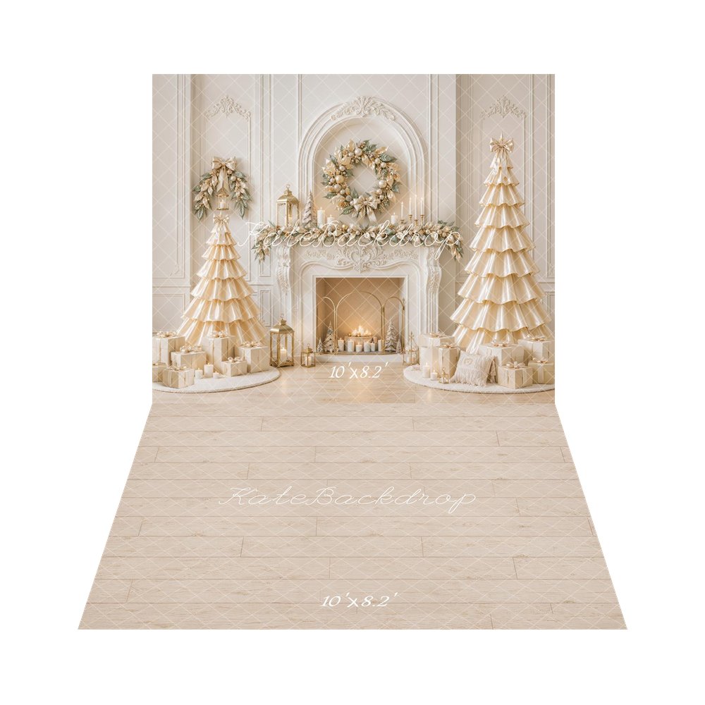 Kate Christmas Fireplace Gold SatinTrees Printed Backdrop+Beige Wood Plank Floor Printed Backdrop