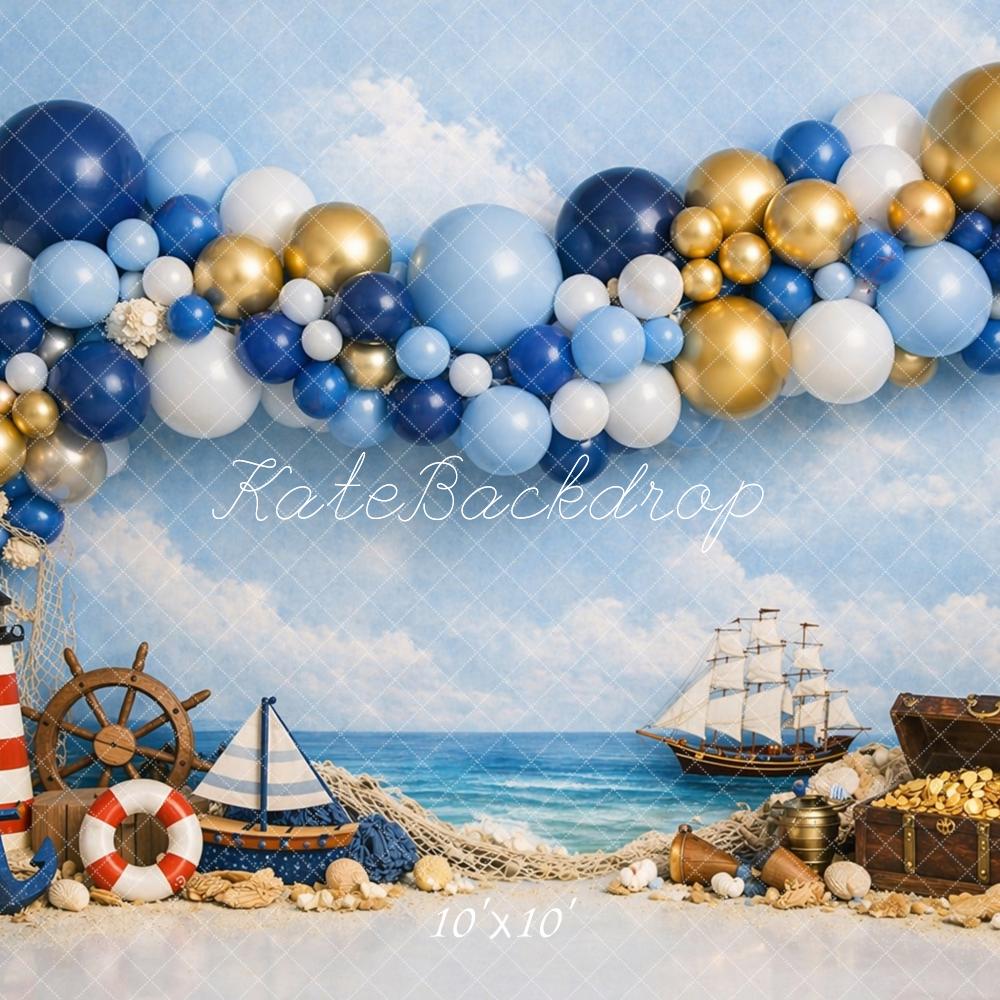 Kate Nautical Balloons Pirate Ship Treasure Lighthouse Printed Backdrop Designed by Caitlin Lynch
