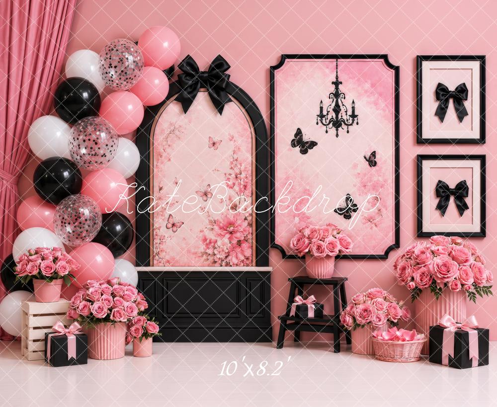 Kate Cake Smash Pink Glam Floral Boutique Balloons Bows Black Frames Printed Backdrop Designed by Shutter Swan Studios