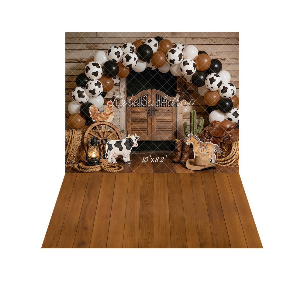 Kate Cake Smash Western Saloon Barn Cow Print Balloon Arch Farm Animals Backdrop+Brown Wooden Plank Retro Floor Backdrop