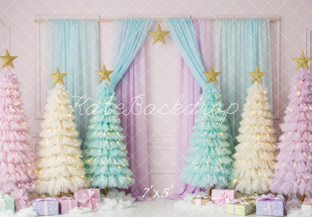 Kate Christmas Pastel Trees Drapes Presents Backdrop Designed by Patty Roberts
