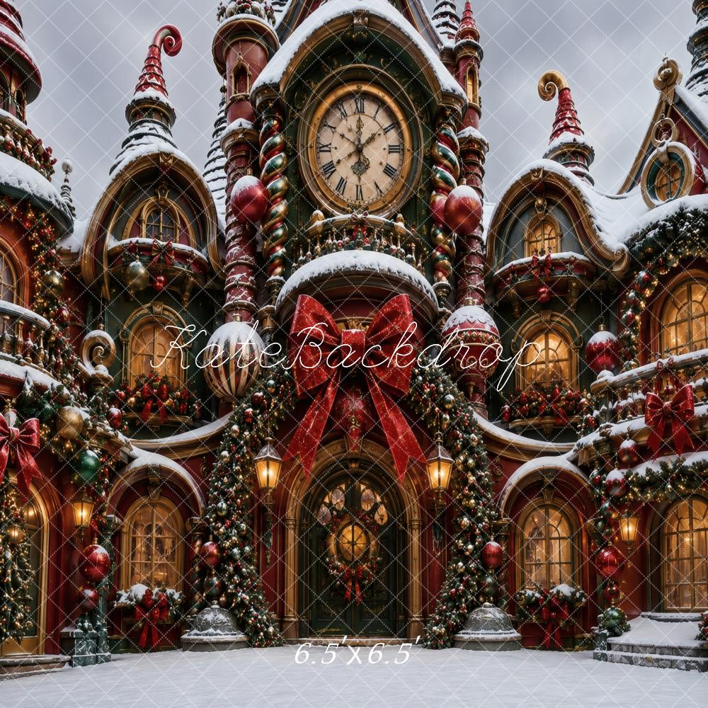 Kate Christmas Whimsical Clock Manor Snow Printed Backdrop Designed by Vertigo Productions