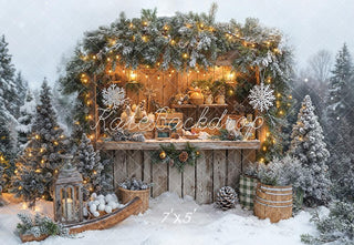 Kate Christmas Garland Hot Cocoa Wood Stand Snowy Pine Printed Backdrop Designed by Emetselch