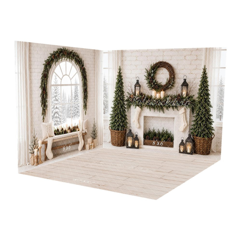 Kate Christmas Fireplace White Minimalist Pine Trees Wreath Lanterns Printed Backdrop Room Set