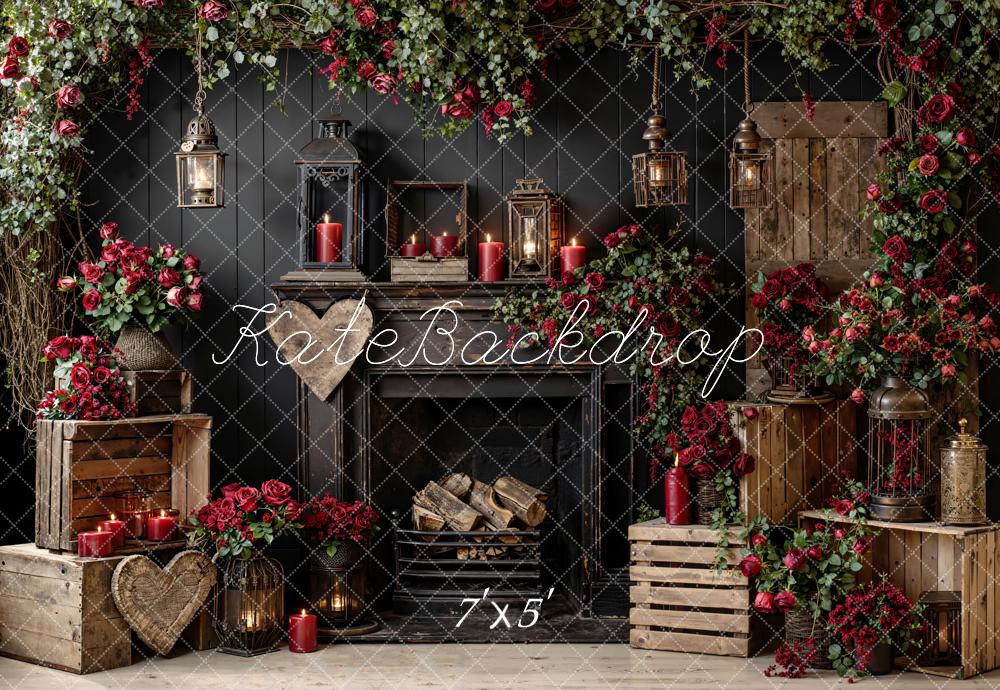 TEST Kate Valentine's Day Fireplace Red Roses Lanterns Wooden Crates Backdrop Designed by Emetselch