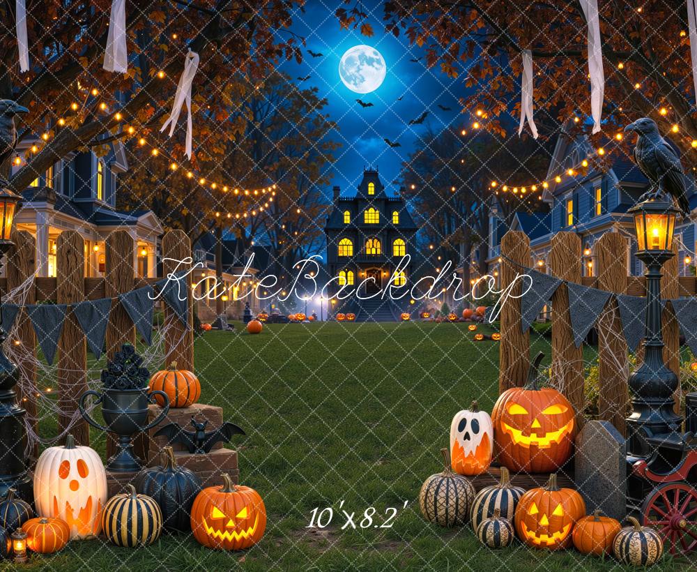 Kate Halloween Night Haunted House Pumpkins Moonlight Printed Backdrop Designed by Mini MakeBelieve