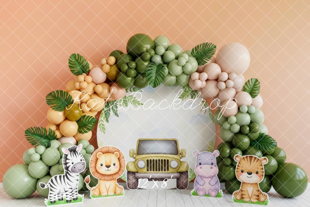 Kate Cake Smash Jungle Balloon Arch Jeep Safari Animals Printed Backdrop Designed by Patty Roberts