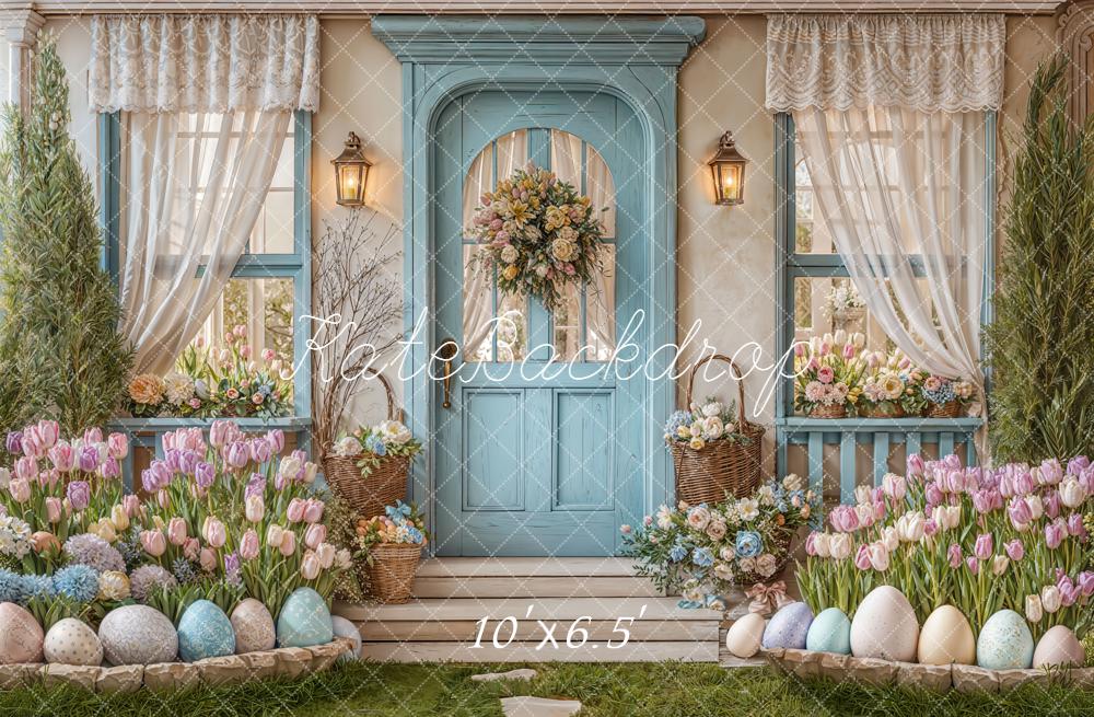 Kate Easter Pastel Eggs Tulips Blue Porch Door Backdrop Designed by Emetselch