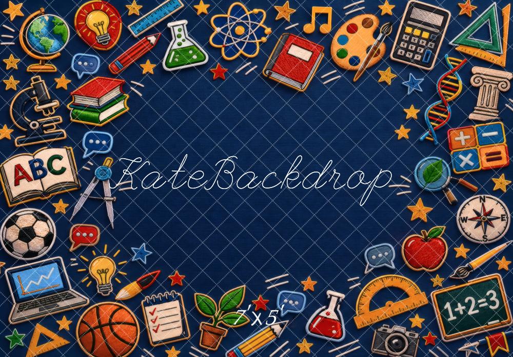 Kate Back To School Blue Books Globe Calculator Art Sports Printed Backdrop Designed by Vertigo Productions