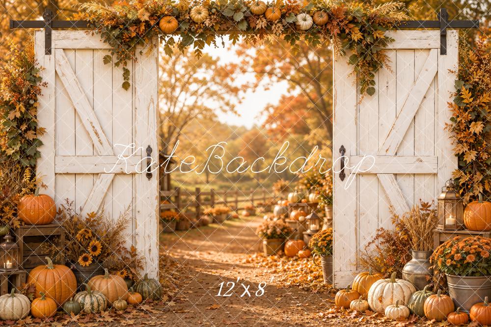 Kate Fall White Barn Door Pumpkin Floral Path Printed Backdrop Designed by Emetselch