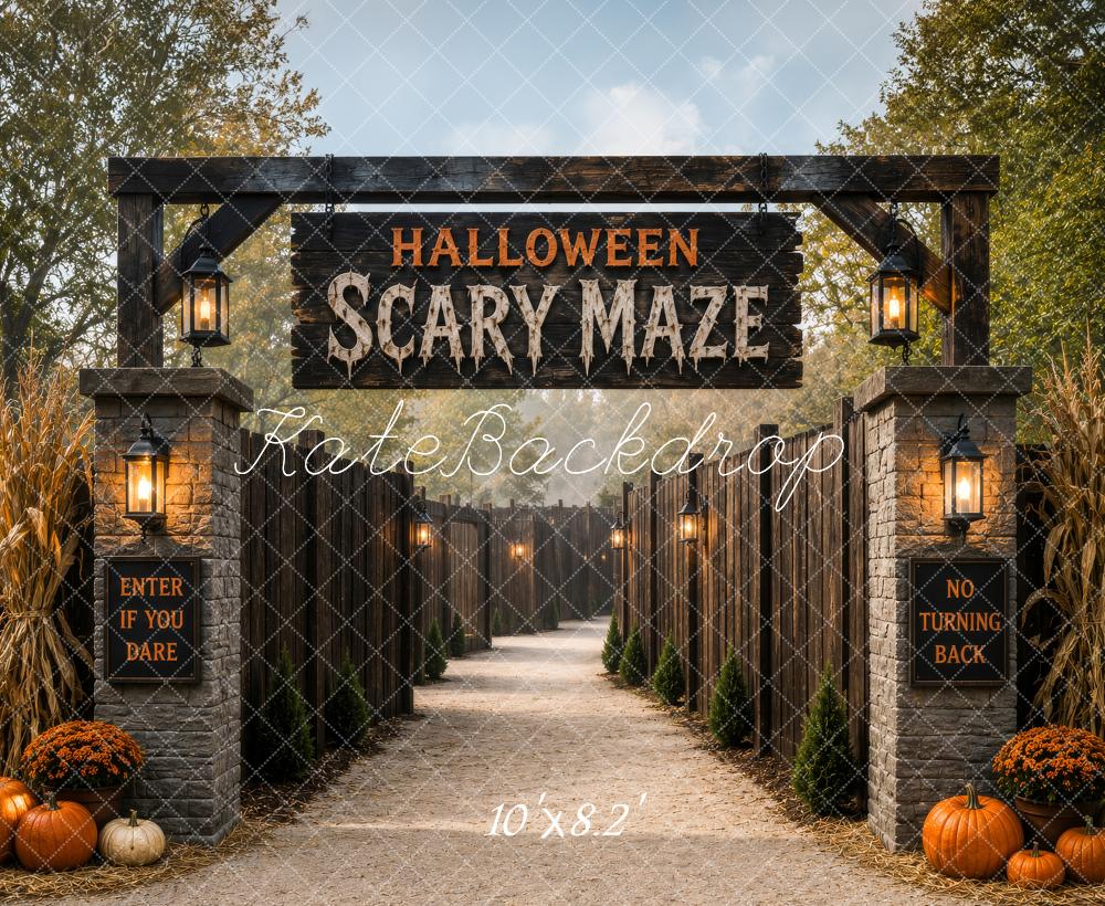 Kate Halloween Scary Maze Entrance Pumpkins Cornstalks Printed Backdrop Designed by Megan Leigh Photography