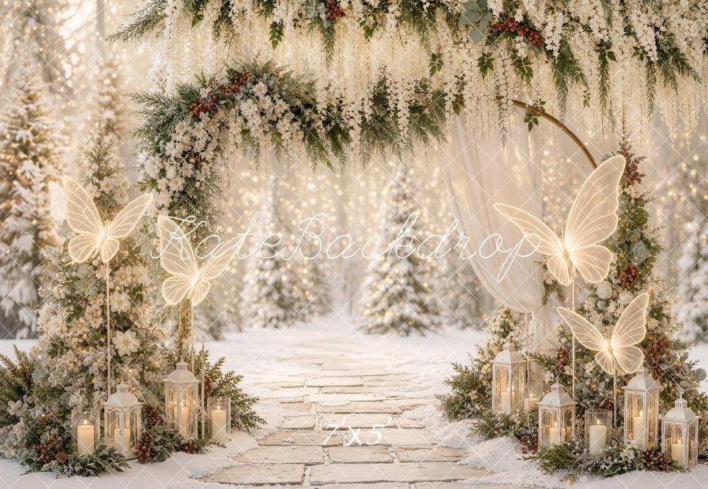 Kate Christmas Winter Floral Arch Dreamy Butterflies Lanterns Printed Backdrop Designed by Emetselch