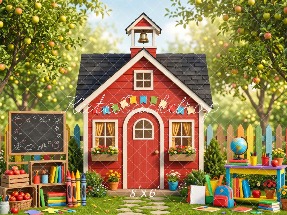 Kate Back To School Red Schoolhouse Apple Orchard Chalkboard Printed Backdrop Designed by Patty Roberts