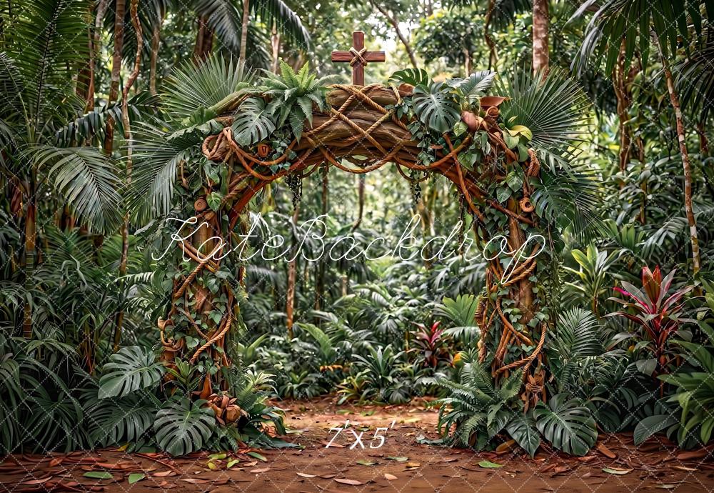 Kate VBS Jungle Arch Cross Green Tropical Printed Backdrop Designed by Angela Miller