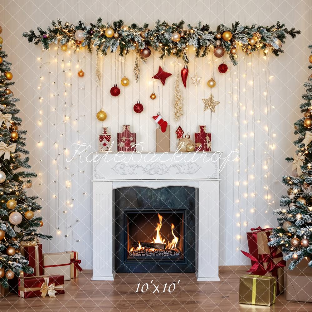 Kate Christmas Fireplace Garland Christmas Trees String Lights Printed Backdrop Designed by Fantasyphotoart