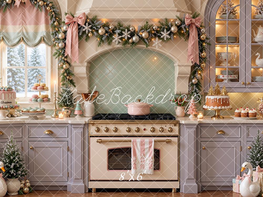 Kate Christmas Pastel Kitchen Garland Stove Baking Purple Printed Backdrop Designed by Shutter Swan Studios