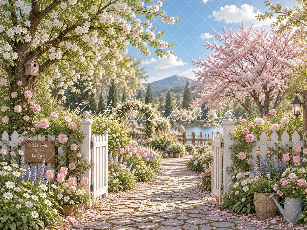 Kate Spring Cherry Blossoms Flower Garden Gate Mountain View Printed Backdrop Designed by Emetselch