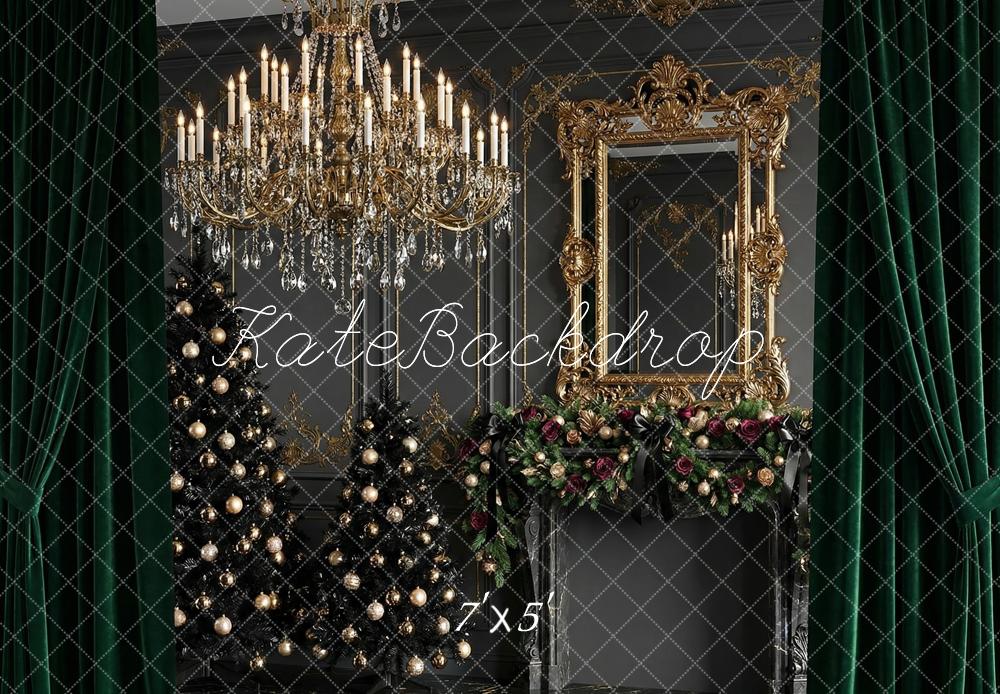 Kate Christmas Trees Luxury Gold Chandelier Garland Mirror Green Curtains Printed Backdrop Designed by Happy Squirrel Design