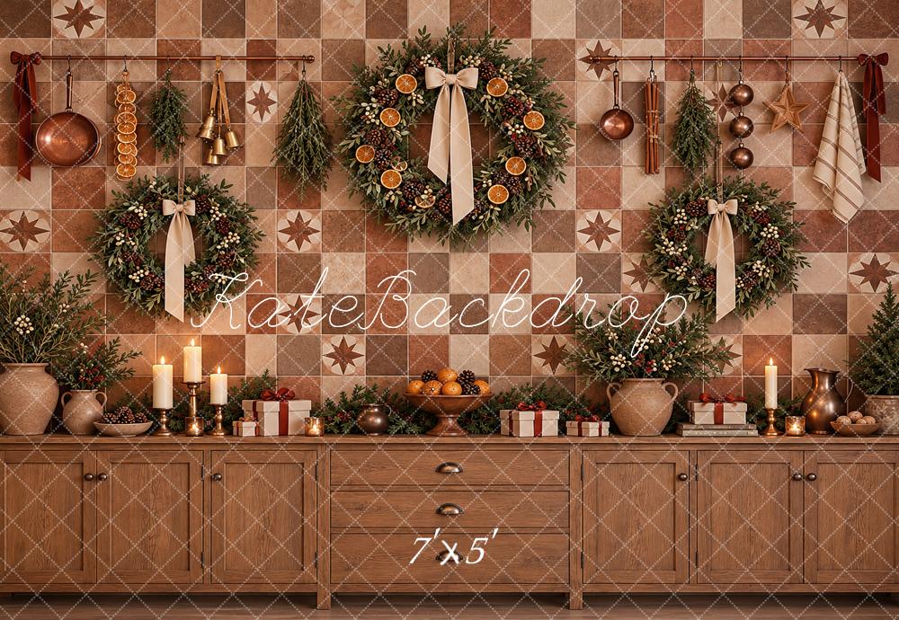 Kate Christmas Kitchen Brown Cabinet Wreath Garland Printed Backdrop Designed by Vertigo Productions