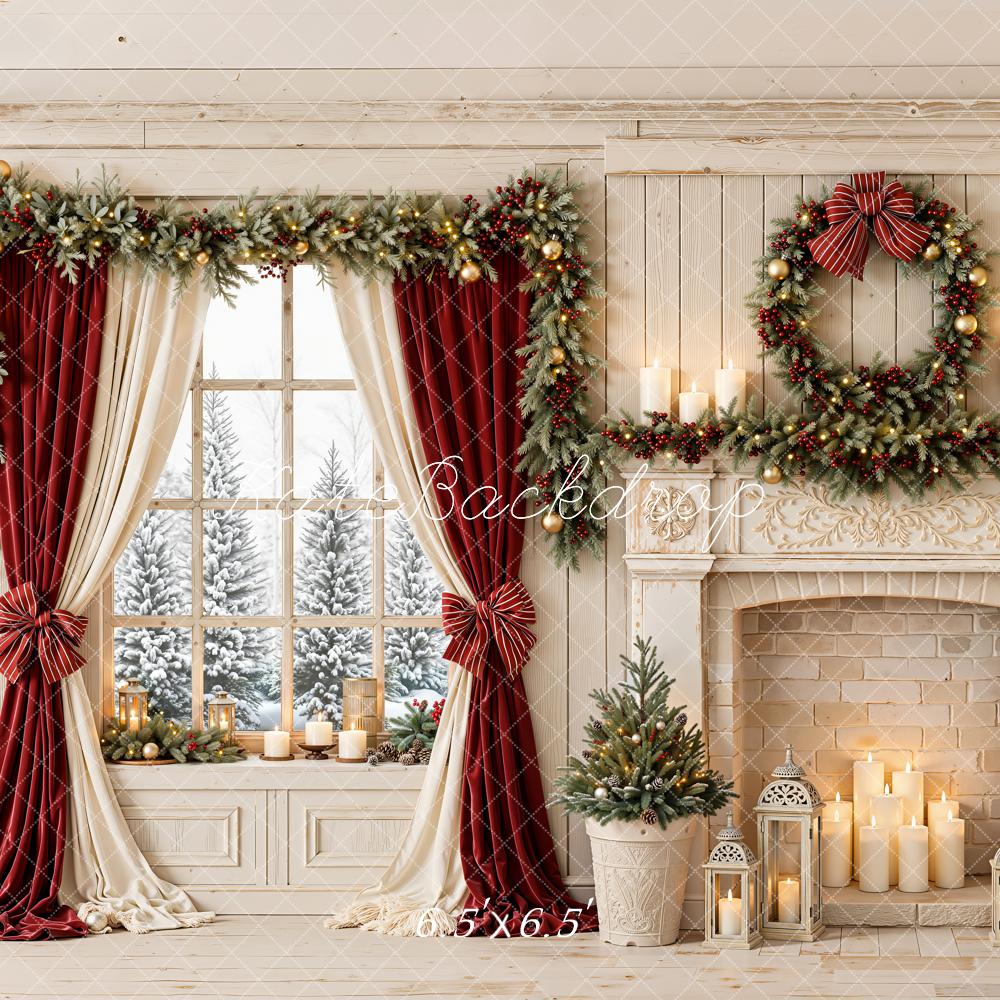 Kate Christmas Fireplace Wreath Window Red Curtains Garland Printed Backdrop Designed by Emetselch