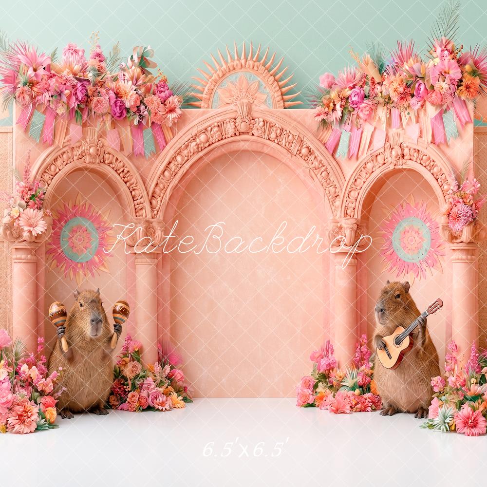 Kate Cake Smash Pink Arch Capybara Musicians Flower Printed Backdrop Designed by Angela Miller
