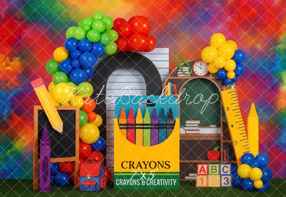 TEST Kate Back to School Rainbow Crayons Balloons Chalkboard Ruler Printed Backdrop Designed by Emetselch