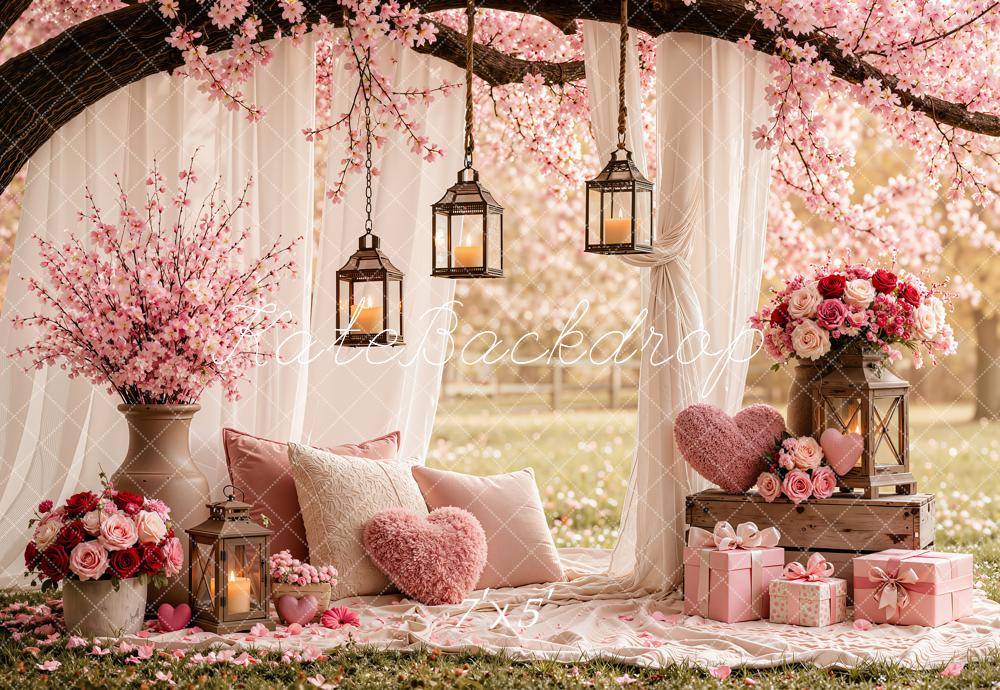 Kate Valentine's Day Cherry Blossom Branch Arch Drapes Hearts Pillow Printed Backdrop Designed by Emetselch