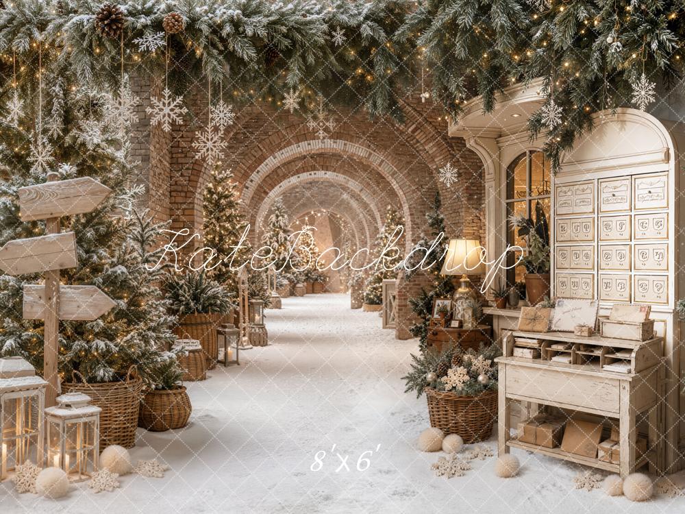 Kate Christmas Snowy Archway Pine Trees Snowflake Lanterns Printed Backdrop Designed by Emetselch