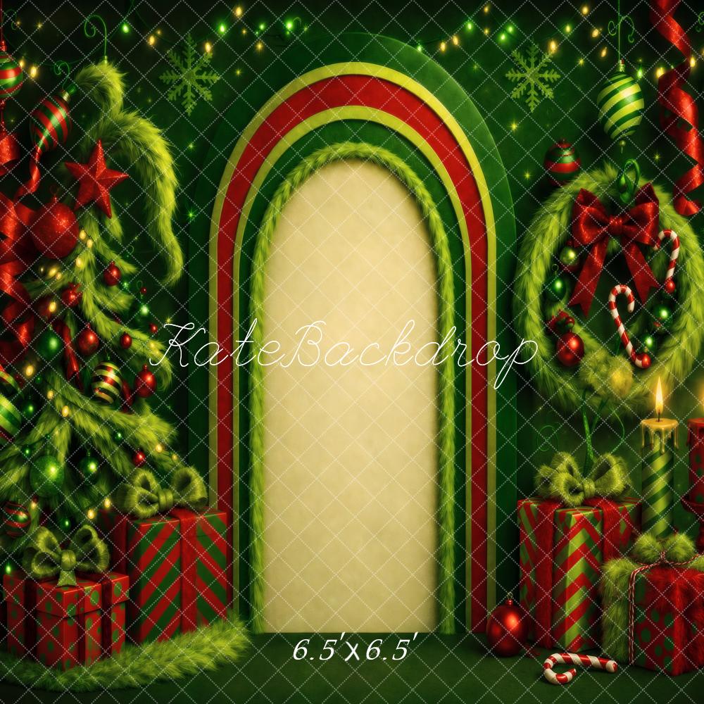 Kate Christmas Whimsical Green Arch Tree Wreath Candles Gifts Printed Backdrop Designed by Vertigo Productions