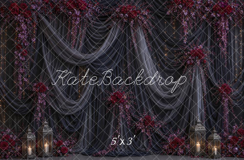 Kate Halloween Dark Drapes Floral Lanterns Printed Backdrop Designed by Chain Photography