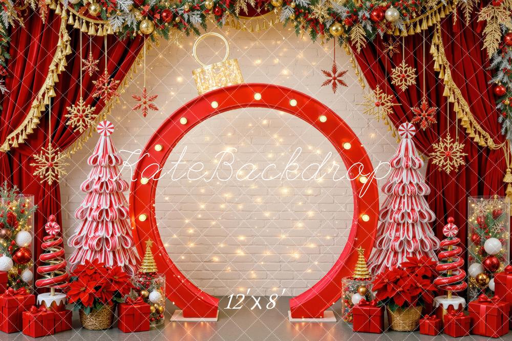 Kate Christmas Red Giant Ornament Candy Cane Trees Curtains Printed Backdrop Designed by Mini MakeBelieve