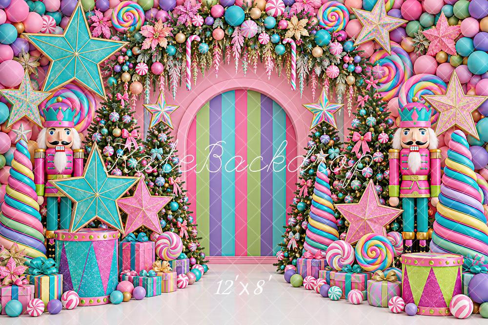 Kate Christmas Colorful Candy Nutcracker Arch Stars Printed Backdrop Designed by Angela Miller