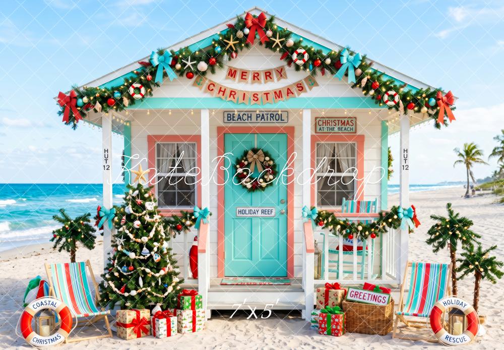 Kate Christmas Tree Coastal Beach Hut Blue Printed Backdrop Designed by Patty Roberts