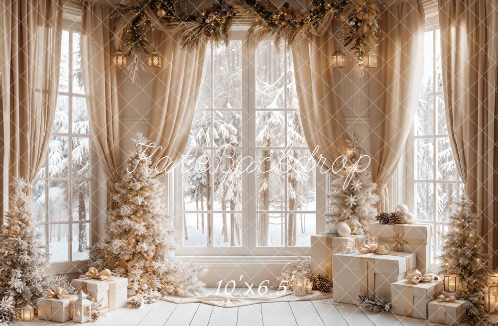 Kate Christmas Windows Beige Curtains Winter White Trees Gifts Printed Backdrop Designed by Emetselch