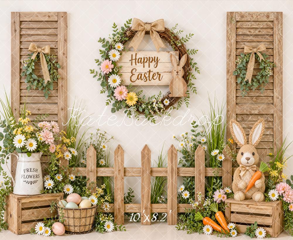 Kate Easter Rustic Garden Wood Fence Bunny Wrearth Printed Backdrop Designed by Emetselch