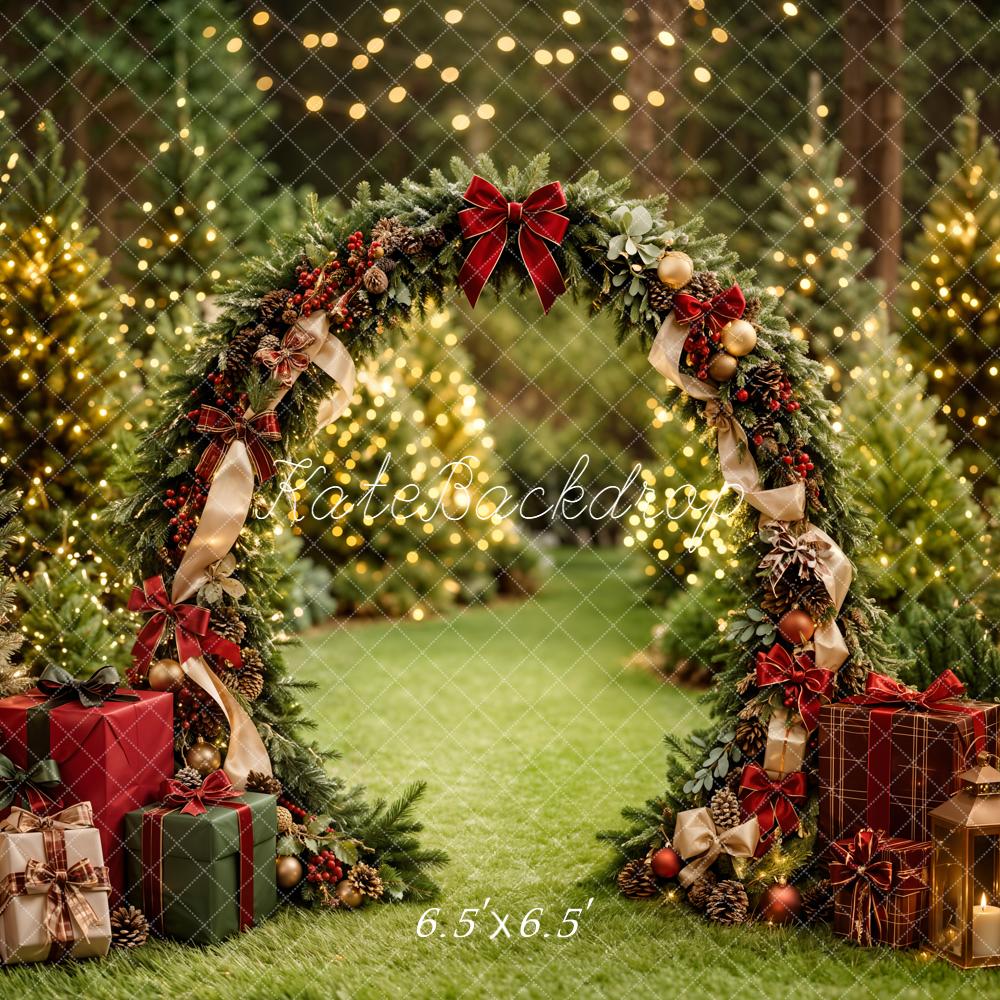 Kate Christmas Trees Greenery Arch Red Plaid Bows Gift Lights Printed Backdrop Designed by Emetselch