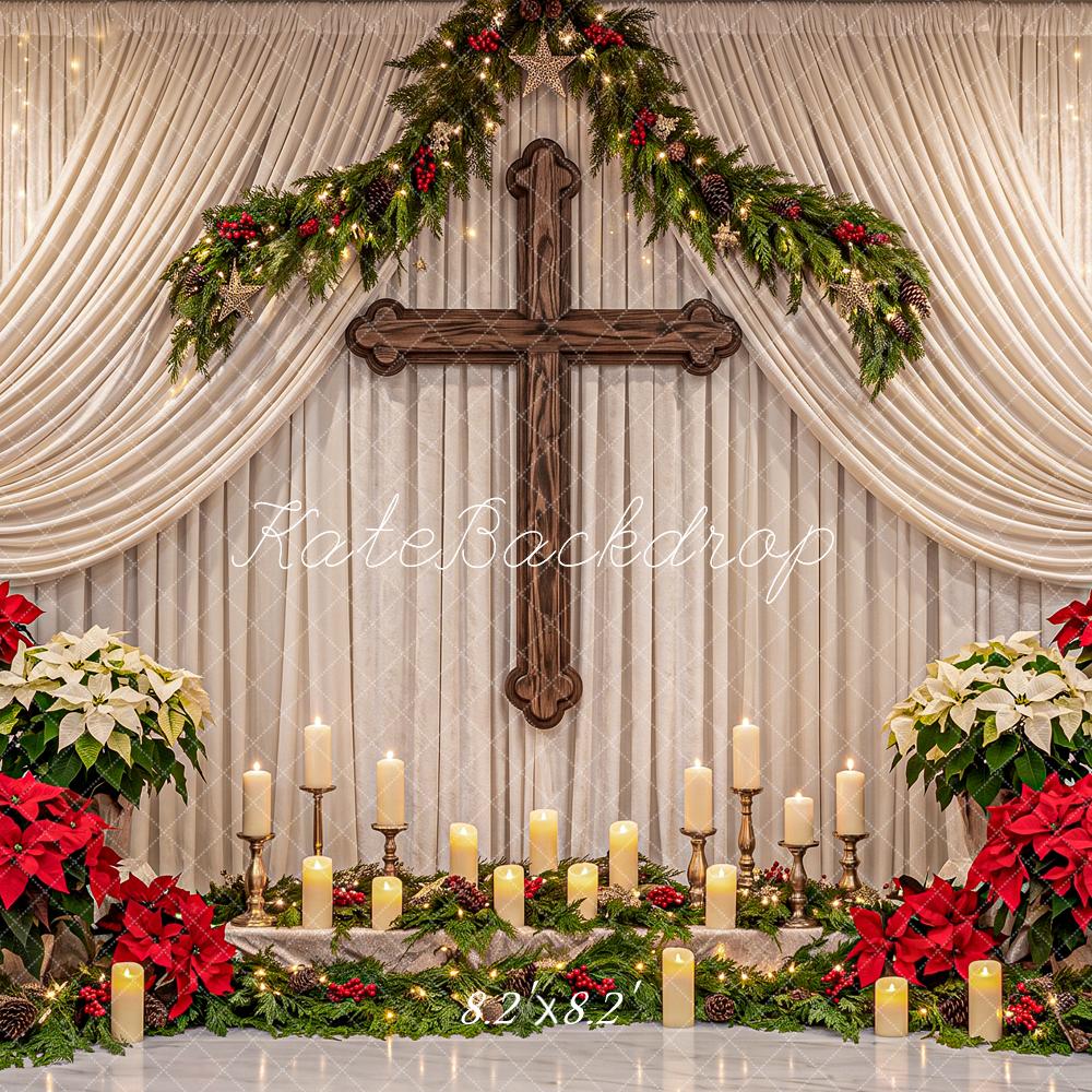 Kate Christmas Church Cross Altar Poinsettia Garland Printed Backdrop Designed by Angela Miller
