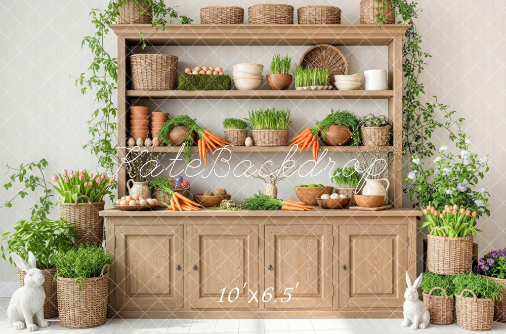 Kate Easter Bunny Shelf Carrots Eggs Plants Cabinet Printed Backdrop Designed by Patty Roberts