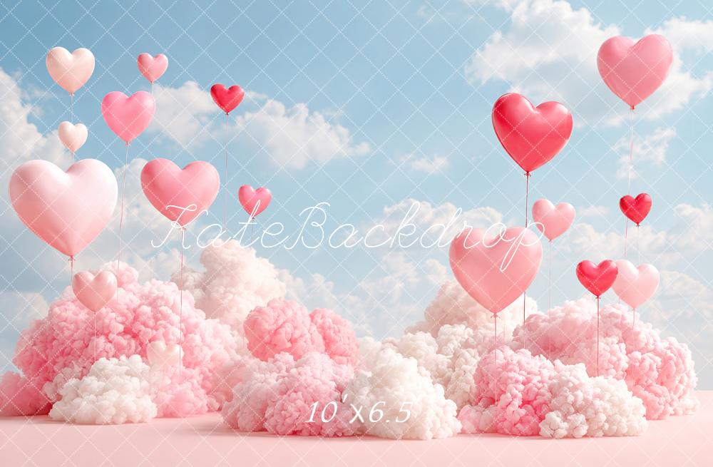 Kate Valentine's Day Heart Balloons Pink Clouds Sky Printed Backdrop Designed by Angela Miller