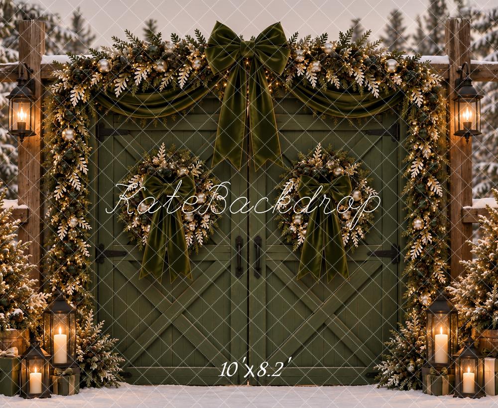 Kate Christmas Green Barn Door Garland Velvet Bow Snow Printed Backdrop Designed by Ashley Paul