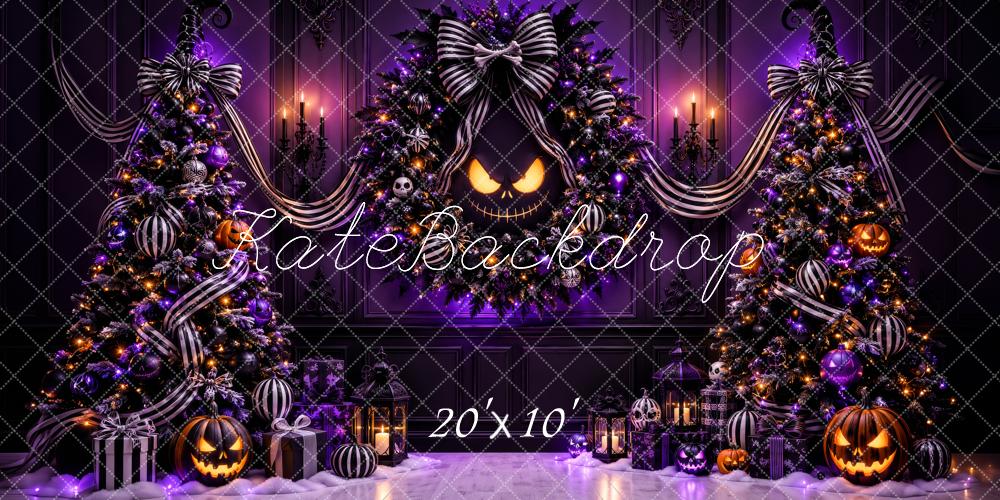 Kate Halloween Purple Christmas Trees Jack O Lantern Wreath Printed Backdrop Designed by Megan Leigh Photography