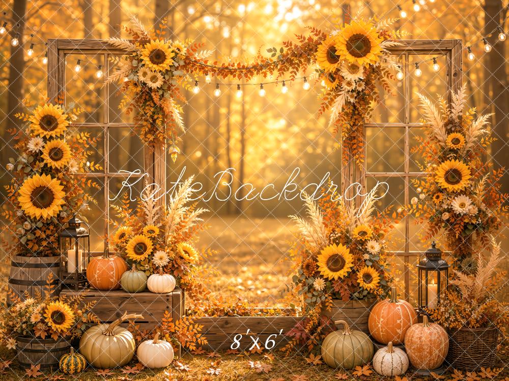 Kate Fall Forest Sunflower Pumpkins Arch Window Door Printed Backdrop Designed by Emetselch