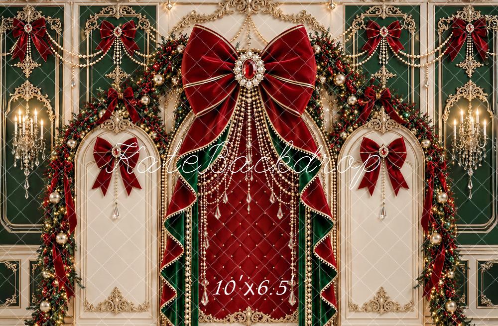 Kate Christmas Baroque Red Bow Wreath Ornate Printed Backdrop Designed by Ashley Paul