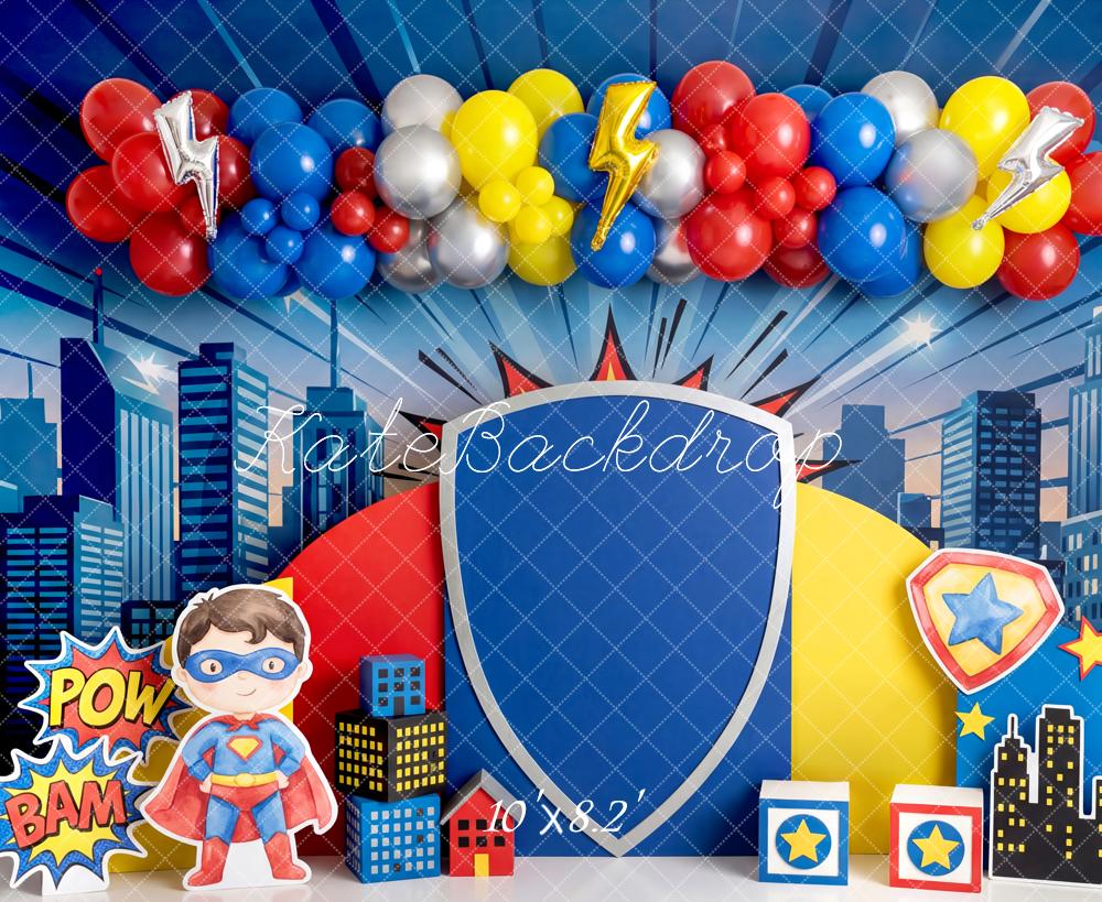 TEST Kate Superhero City Skyline Comic Balloons Shield Printed Backdrop Designed by Patty Roberts