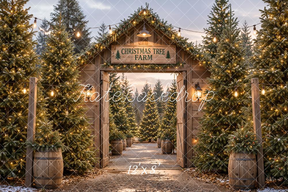 Kate Christmas Tree Farm Gate Wood Rustic Printed Backdrop Designed by Emetselch