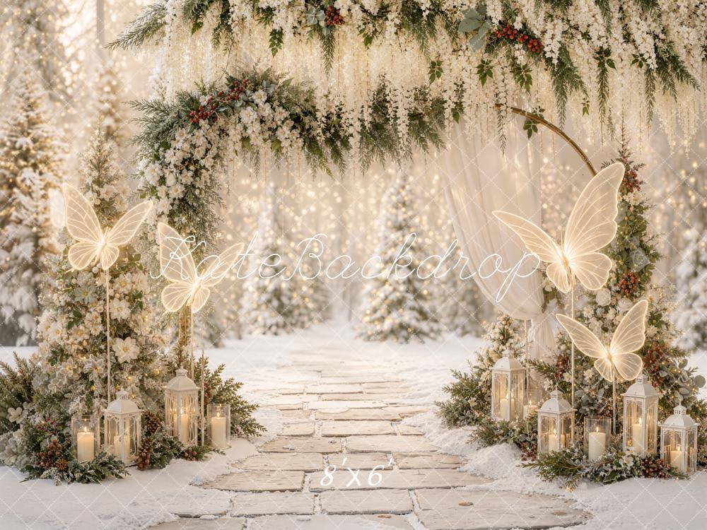 Kate Christmas Winter Floral Arch Dreamy Butterflies Lanterns Printed Backdrop Designed by Emetselch